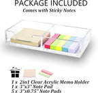 Sticky Notes Holder 2in1 Memo Pad Dispenser,7.8" x 3.9" x 1.4" Clear Desk Supplies Organizer Accessories for Office Home School Post Bank (DP013)