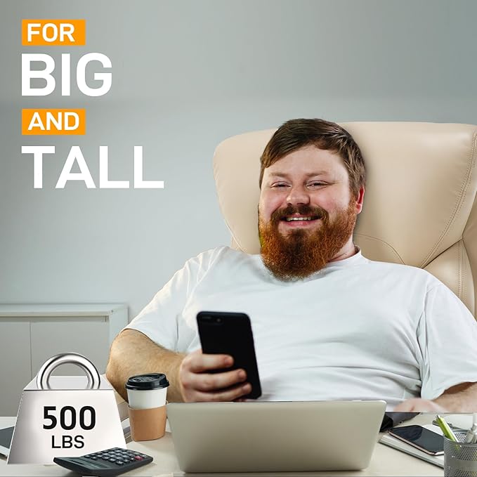 Big and Tall Office Chair for Heavy People, 500LBS High Back Extra Wide Heavy Duty Executive Office Chair Comfortable for Home, Large Computer Desk Chairs with Adjustable Lumbar Support Beige