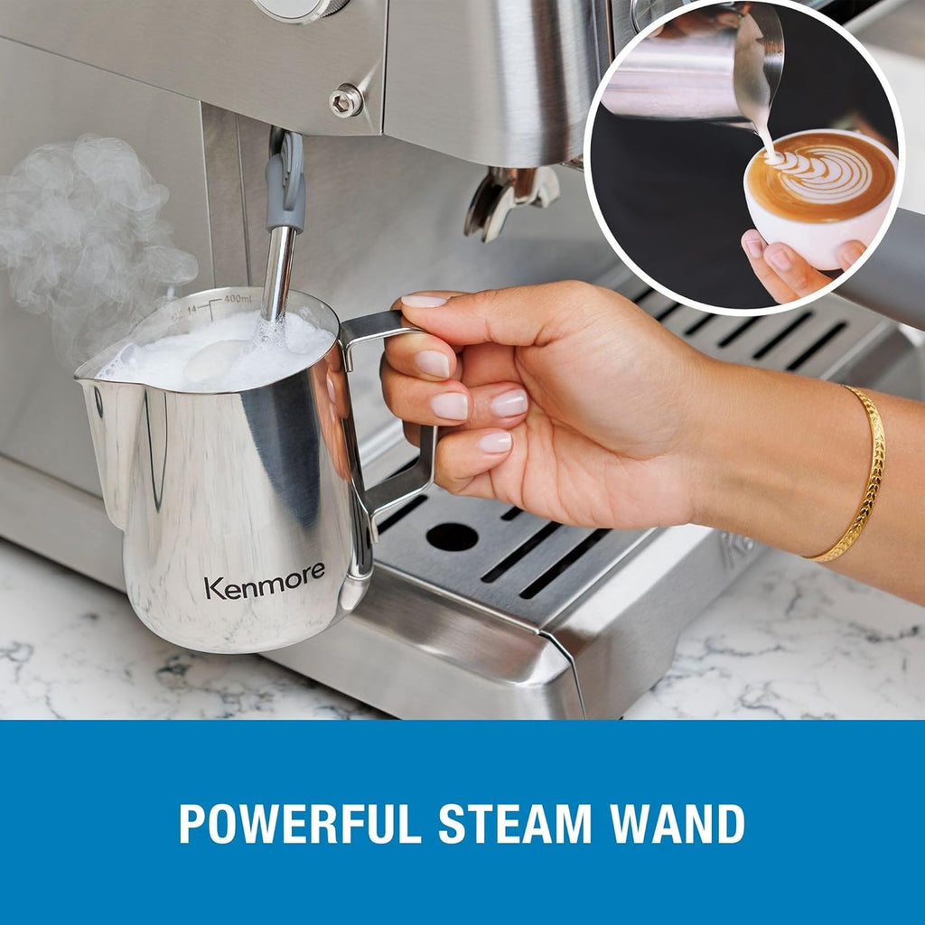 Kenmore Espresso Machine - Semi Automatic Coffee Maker With Auto Tamper, Auto Cleaning, Milk Steamer & Frother, Bean Grinder, Make Professional Barista Style Cappuccino, Café Latte, Stainless Steel