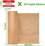 Honeycomb Packing Paper, 12" x 400' Honeycomb Cushioning Wrap Roll for Moving Shipping Packaging Gifts, Recyclable Honeycomb Paper Bubble Paper Wrapping with 20 Fragile Sticker Labels