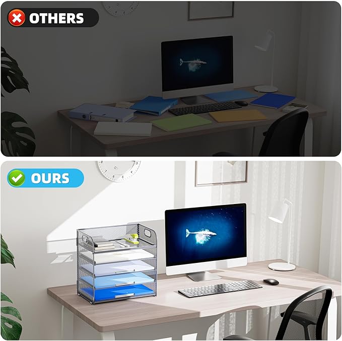 Marbrasse Paper Organizer Letter Tray, 5 Tier Mesh File Organizer with Handle, Paper Sorter Desk Organizer for Home Office Supplies - Grey