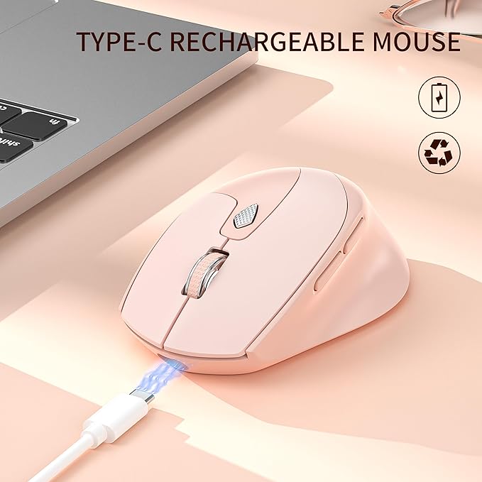 TENMOS M7 Bluetooth Mouse, Rechargeable Dual Mode BT5.1+ 2.4GHz USB Silent Wireless Bluetooth Mouse with Type C Adapter & Battery Indicator, Ergonomic Design for Laptop, iPad, MacBook - Light Pink