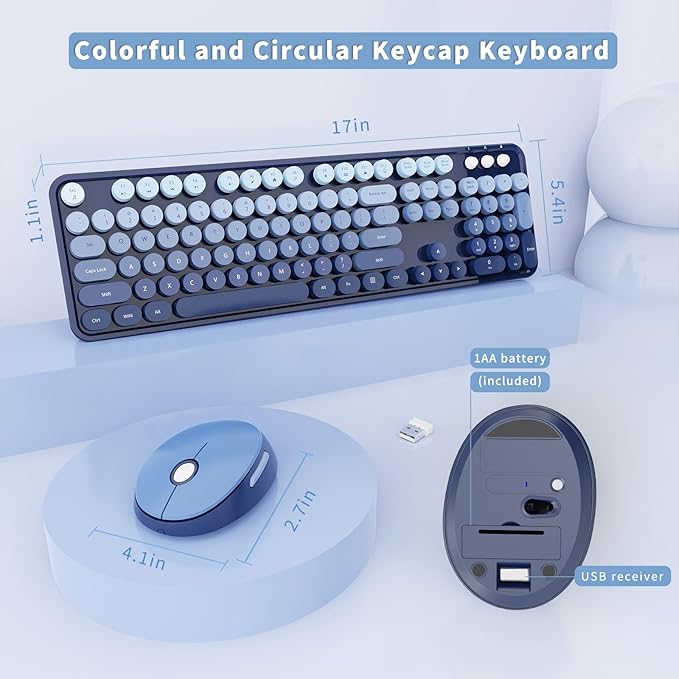 Wireless Keyboard and Mouse Combo, Ergonomic Full Size Typewriter Retro Round Keycaps Keyboard, Compatible with Windows, PC, Perfer for Home and Office Keyboards (Twilight Blue