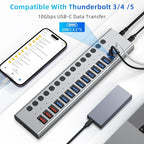 Powered USB Hub 10Gbps, 17 Ports 96W USB 3.2 Hub(10 USB-A 3.2 Ports+3 QC 24W Fast Charging Ports+2 USB-C 3.2 Ports+SD/TF Card Reader), 12V/8A Power Adapter for Laptop, PC, Computer, HDD,Flash Drive