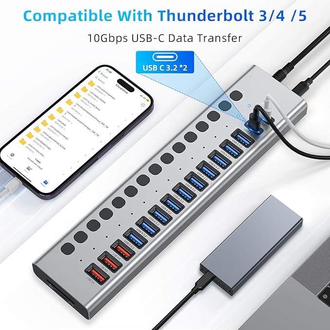 Powered USB Hub 10Gbps, 17 Ports 96W USB 3.2 Hub(10 USB-A 3.2 Ports+3 QC 24W Fast Charging Ports+2 USB-C 3.2 Ports+SD/TF Card Reader), 12V/8A Power Adapter for Laptop, PC, Computer, HDD,Flash Drive