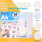 TECKWRAP Holographic Laminate Sheets for Stickers Self Adhesive Vinyl Laminating Sheets Holographic Sticker Paper Clear Vinyl for Inkjet Printer 8.26" x 11.69" A4 28 Sheets (Rainbow,Gem,Star, Sparkle)