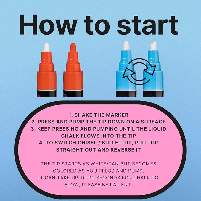 Liquid Chalk Drawing Markers for Car Windows, Auto Windshields, Mirrors, White Boards, Retail + Restaurant Signs. Erasable Chalk Markers – Washable – Bold - Neon 8pck. 10mm tip - 3 writing options.