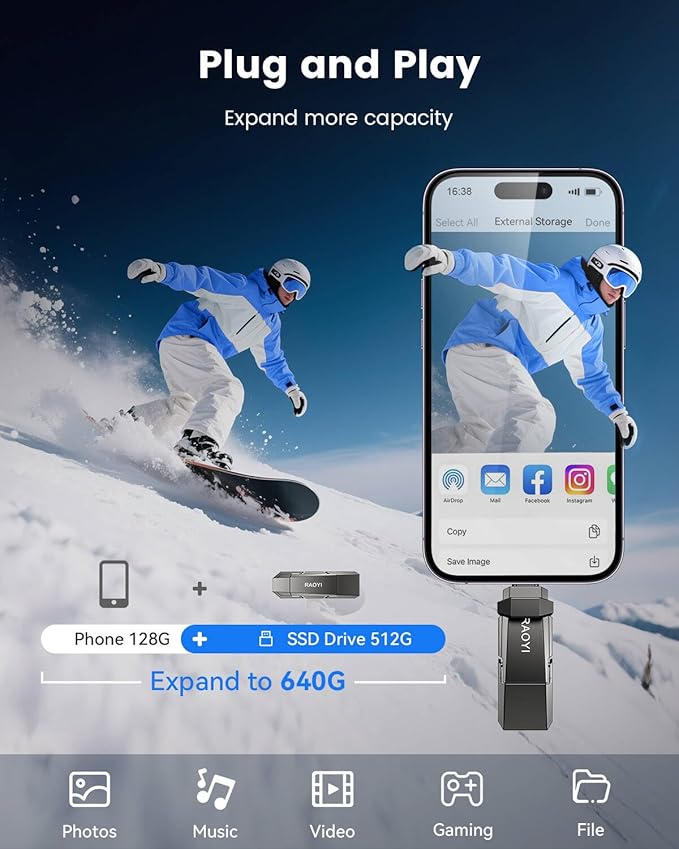 RAOYI 512GB USB C External SSD, 2-in-1 Solid State Drive Up to 450MB/s Dual USB 3.2 + Type-C Thumb Drive Portable SSD Drive for iPhone 15/16, Android, Tablet, PC and PS4