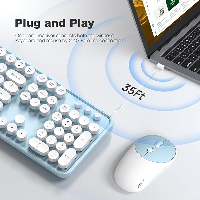 MOFII Wireless Keyboard and Mouse Combo, Computer Full Size 2.4G Plug and Play Wireless Typewriter Retro Round Keyboard and Mouse Set for Windows, Computer, Desktop, PC, Notebook - (Light Blue)