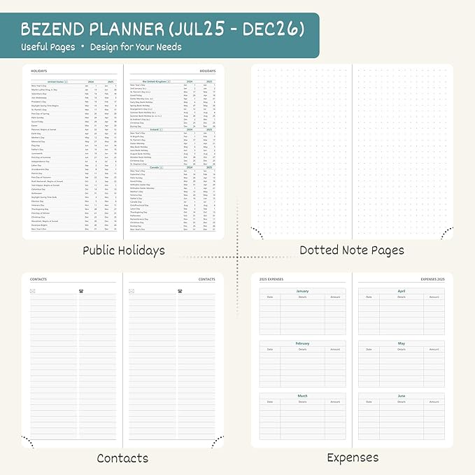 BEZEND Pocket Planner 2025-2026 Weekly and Monthly, 3.5" x 6" Academic Planner (Jul 25-Dec 26) 18-Month Mid-Year Calendar Book, Storage Pocket, Pen Holder, PU Leather Hardcover - Dark Green