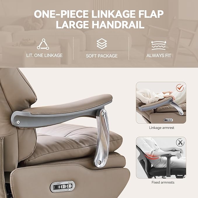 Dual Motor Electric Genuine Leather Executive Office Chair with Foot Rest, Comfortable Reclining Office Chair with Massage, Big and Tall High Back Comfy Ergonomic Home Office Desk Chairs 400lbs, Khaki