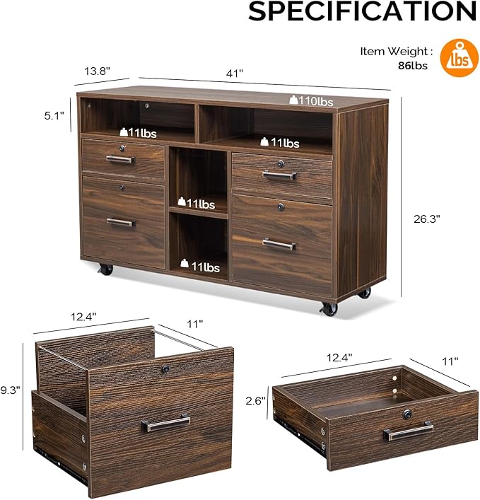 VINGLI Dark Brown Wood Lateral File Cabinet with Lock, 4 Drawer & 4 Open Shelves, Rolling File Cabinet for Home Office, Letter Sized