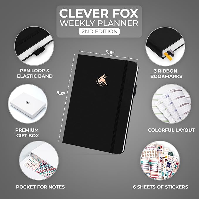 Clever Fox Planner 2nd Edition – Colorful Weekly & Monthly Goal Planner, Time Management & Productivity Organizer, Undated, A5 (Black)