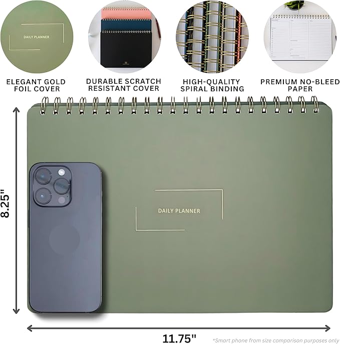 Undated Daily Planner | 8.25” x 11.75” Work To-Do Notebook | ADHD Academic Organizer | Multi-Layout | Men and Women Planner | College Supplies | Evergreen | Landscape Layout