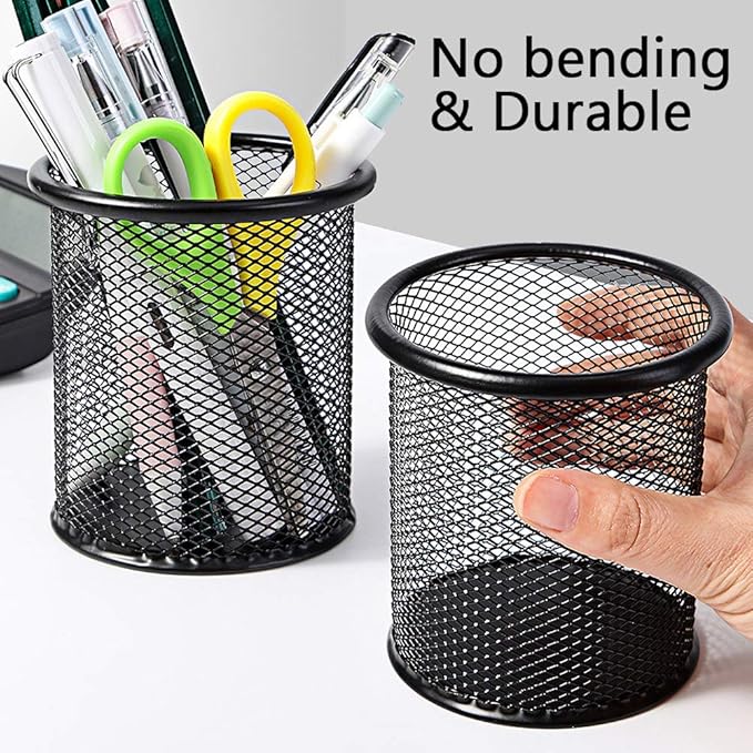 Ameceres 4 Packs Wire Mesh Pencil Holder Metal Pen Cup Desk Pen Organizer Case Pencil Jar Black for Office Home (Black)