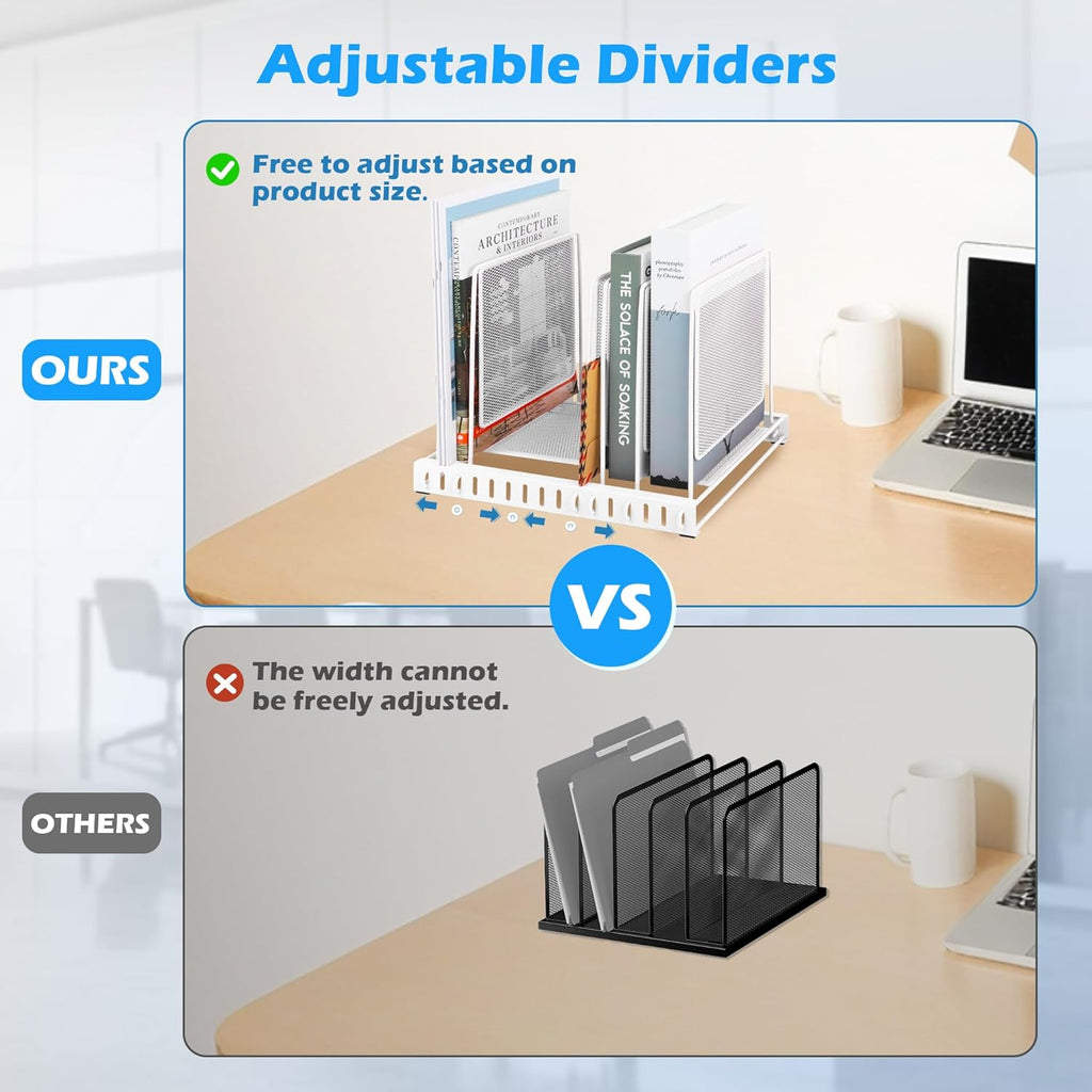 EASEPRES 5 Section Vertical Metal Mesh Desk File Organizer, Spacing Adjustable Upright Desktop Paper Mail Document Magazine Sorter Folder Holder for Workspace Office School Home, White