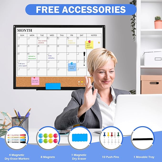 Monthly Calendar Whiteboard Dry Erase Cork Board Combo, 24" x 18" Magnetic Double-Sided Calendar White Board and Bulletin Board with Black Aluminium Frame, Portable Whiteboard for Office, Home, School