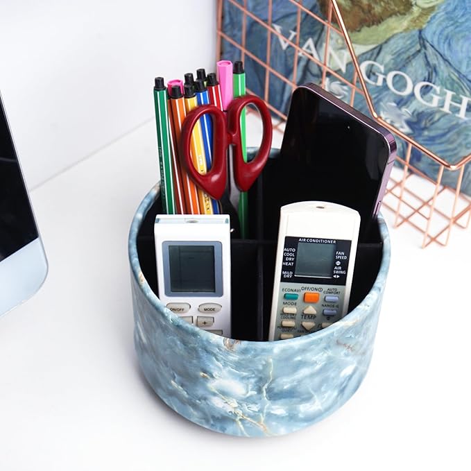 Round Leather Art Supply Organizer,Remote Control Holder,360-degree Rotating Pen Organizer with 4 Compartments(1-Marble Jade)