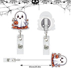 Ghost Badge Reel Retractable Ghost Carrying Basket Badge Clip with Maple Leaves Designs Acrylic Halloween ID Name Holder Clip for Nurse, Teacher, Student, Hospital, Office Worker Name Tag