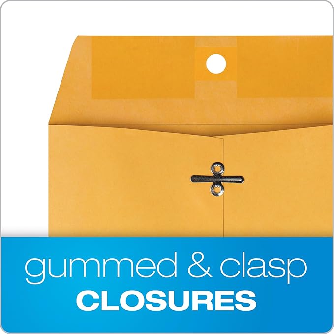 Quality Park 6-1/2 x 9-1/2 Clasp Envelopes, Clasp and Gummed Closures for Storing or Mailing, Heavy-Duty 32 lb Kraft Paper, 100 Per Box (QUA37763)