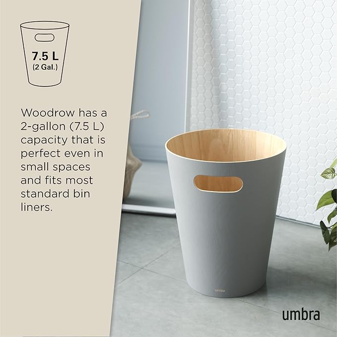 Umbra Woodrow, 2 Gallon Modern Wooden Trash Can Wastebasket or Recycling Bin for Home or Office, Grey (082780-918)