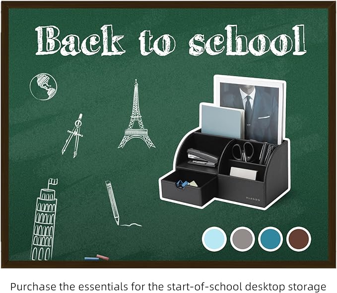 Vlando Office Supplies Desk Organizer Caddy, Desktop Hanging File Letter Document Storage Holder with Drawer Organizer Section for Office Home (Black)