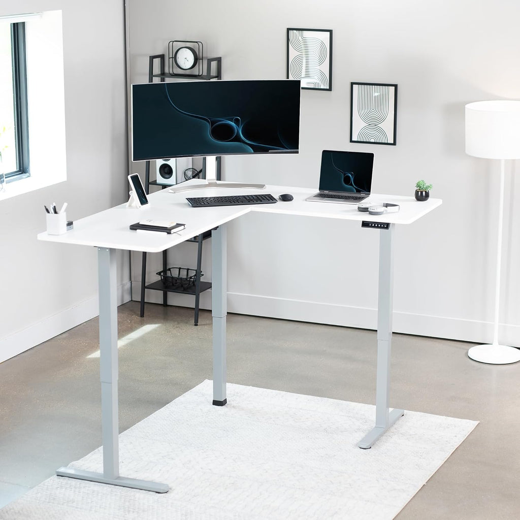 VIVO Electric Corner L-Shaped 63 x 55 in Standing Desk, Memory Height Adjustment, White Top Gray Frame, DESK-E3CTGW