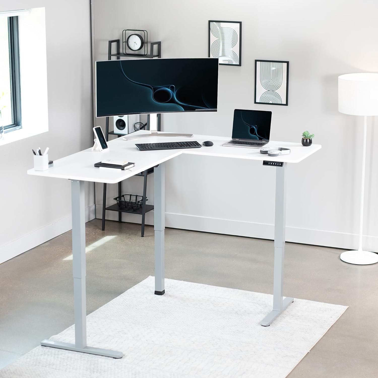 VIVO Electric Corner L-Shaped 63 x 55 in Standing Desk, Memory Height Adjustment, White Top Gray Frame, DESK-E3CTGW