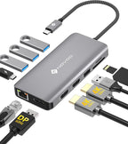 USB C Docking Station, NOVOO Triple Display Type C Hub Dual Monitor HDMI 4K@60Hz DP Multiport Adapter 4USB Ethernet SD/TF 100W PD Dongle Data for Dell/Surface/HP/Lenovo Thinkpad Laptop