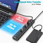 Powered USB Hub, 11-Port ikuai Hybrid USB 3.2/ USB C Hub with PD Charging Port and 60W Power Adapter, Aluminum USB Splitter Including 3 10Gbps Ports and 7 USB 3.0 Ports for PC, Laptop and More