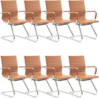 Office Desk Chair Set of 8,No Wheels PU Leather Computer Chairs Mid Back Guest Chairs with Seld Base for School/Reception/Conference/Waiting Room,Terracotta