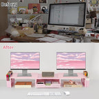 Desk Dual Monitor Stand Riser - Wood Desk Organizer with Drawer and Pen Holders, Office Desk Accessories & Workspace Organization, Computer Monitor Stand for Laptop Printer, Girl Pink