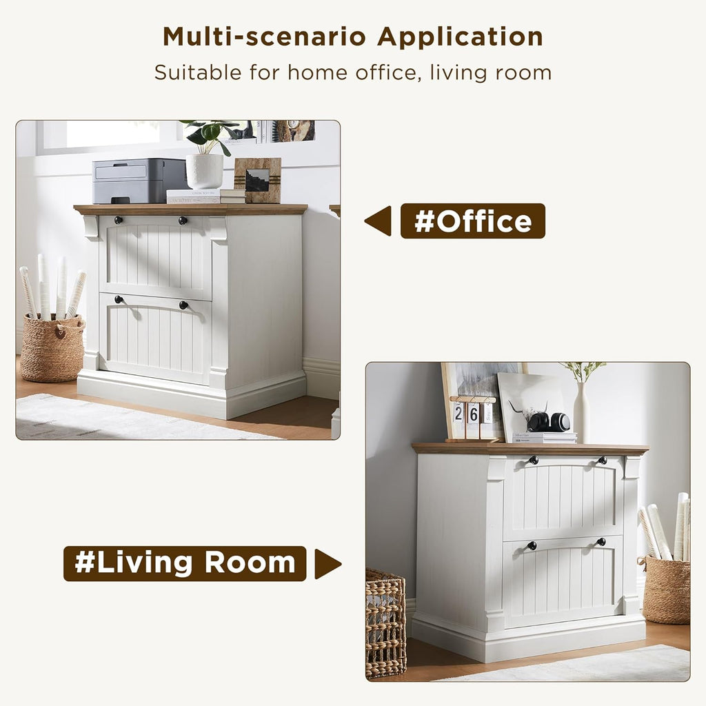OKD Farmhouse File Cabinet with 2 Drawers, 30" Lateral Filing Cabinet with Hanging File Folders, Interlocking Drawers, Wood Rustic Storage Cabinet for Home Office, Living Room, Antique White