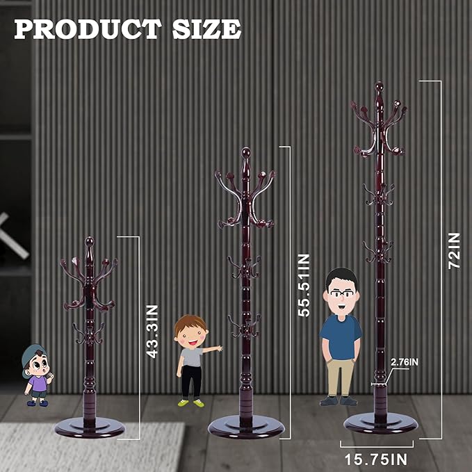Coat Racks FreeStanding with 14 Hooks, Natural Wood Coat Rack with Solid Round Base, Adjustable Height Coat Racks, Easy Assembly for Hallway, Bedroom and Office (Rosewood Ruyi Hook)