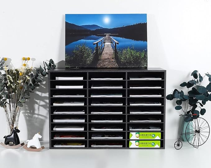 PAG Mail Sorter Organizer, Wood Literature Organizer, Student Mailbox for Classroom, Desktop Bill Paper Organizer for Office Home School, 27 Compartments, Dark Gray