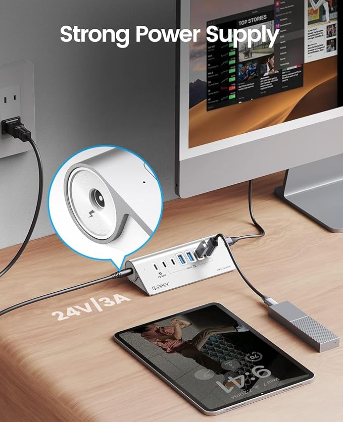 ORICO 7 Port USB Hub 10Gbps, Aluminum USB 3.2 Gen 2 Hub, 6 USB 3.2 Data Ports, 1 PD 60W Ports, 24V 3A Power Adapter, 3.28Ft A to C Cable, USB Data Hub for Laptop