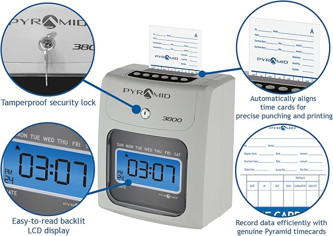 Pyramid Time Systems - Model 3800 Auto Totaling Time Clock, Electronic Time Punch Clock for Small Business, Bundle Includes: 50 Time Cards, 1 Ink Ribbon and 2 Security Keys - Ivory