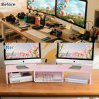 Dual Monitor Stand Riser, Desk Organizer with Drawer, Office Desk Organizers and Accessories, Office Workspace Organization Computer Monitor Stand for Laptop, Printer, TV（Pink）