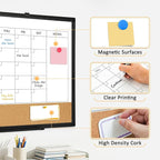Large Dry Erase Calendar for Wall, 36"x24" Double-Sided Magnetic Whiteboard Calendar with Cork Board, Black Aluminum Frame Monthly White Board Memo Message Board for Office, Home, School