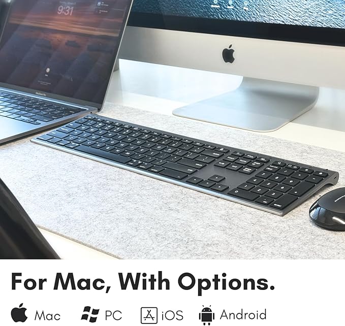 Macally Wireless Bluetooth Keyboard for Mac - Compatible Apple Keyboard or MacBook Pro/Air, iMac - Multi-Device, Up to 3 Devices with 110 Keys, 20 Shortcuts, Numeric Keypad, and Rechargeable