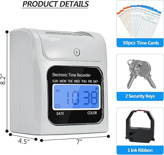 Employee Time Clocks for Small Business, Auto-Align Time Clock Punch Machine with 50-Piece Time Cards, Two Security Keys, and One Ink Ribbon Cartridge