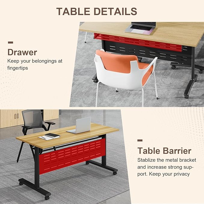 Folding Conference Room Table, Modern Conference Tables with Wheels, Large Rectangular Mobile Training Tables for Office Classroom, Foldable Modular Boardroom Seminar Table Maple (8pack L47.2in)
