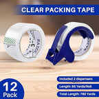 Clear Packing Tape, 12 Rolls Heavy Duty Packaging Tape with Dispensers for Packing Shipping Moving and Sealing, Thicker Packing Tape-2" x 65 Yards Per Roll, 780 Total Yards