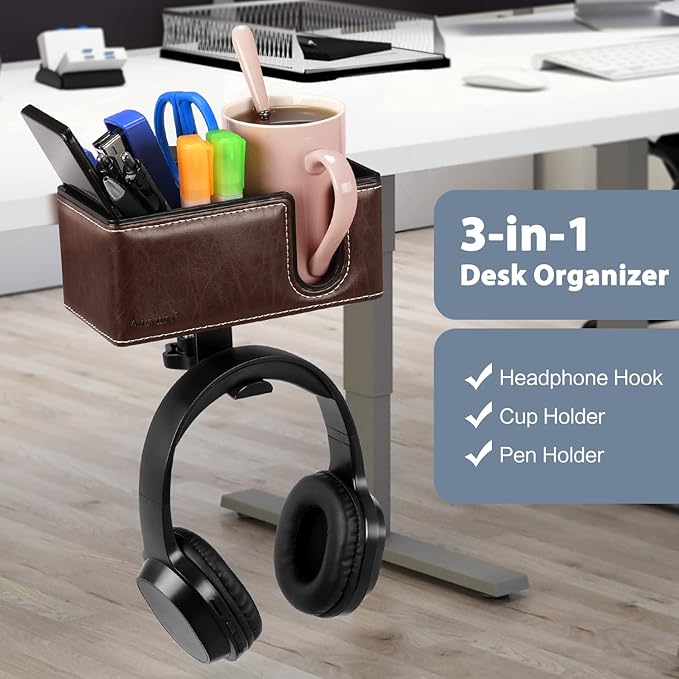 Desk Cup Holder Clip on Pen Holder Headphone Hanger Headset Stand Rotatable Clamp Hook Under Desk (Brown)