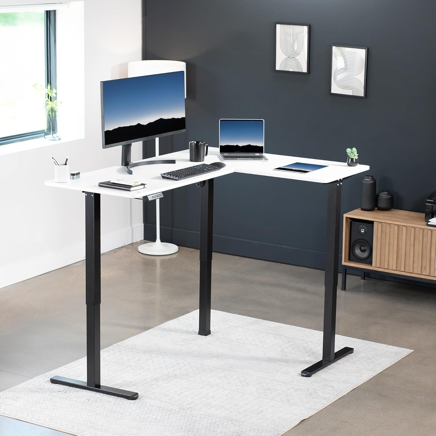 VIVO Electric Corner L-Shaped 63 x 47 in Standing Desk, Memory Height Adjustment, White Top Black Frame, DESK-E3CTBW-47