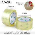 BOMEI PACK 6Rolls Clear Yellowish Packing Tape Refills, 2.4 Mil 1.88 Inch x 60 Yards, Packaging Tape with Dispenser for Moving, Shipping and Storage