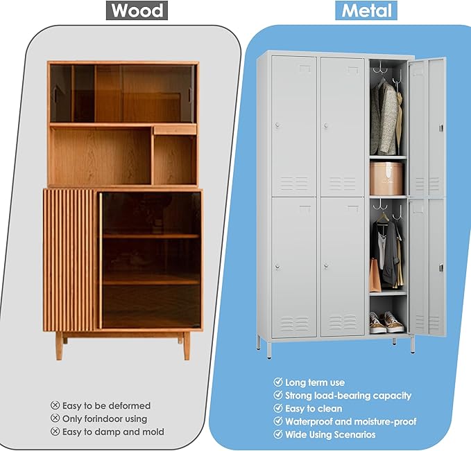 6 Doors Metal Locker with Business Card Holder,Metal Locker for Employees with 18 Hooks for School Garage Office Gym Home,Assembly Required,Light Grey