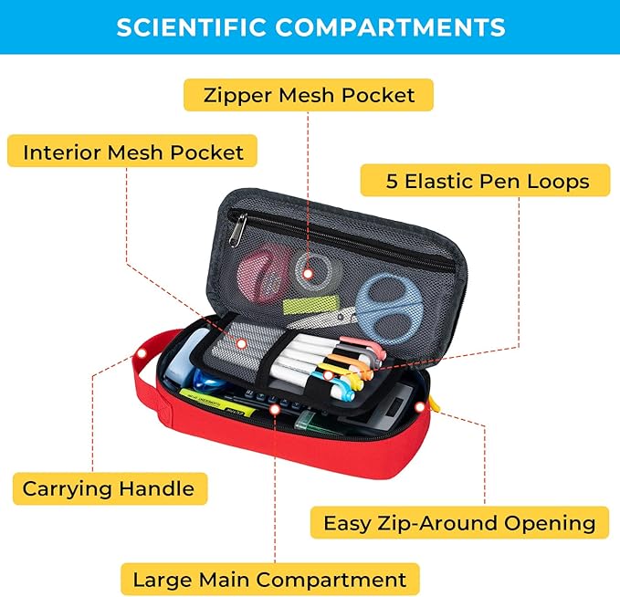 ECHSRT Big Pencil Case, Aesthetic Portable Zipper Pencil Bag with Hidden Pocket, Special Pouch for Men Women Adults, Stationery Organizer Pen Cases for Office Travel, Red