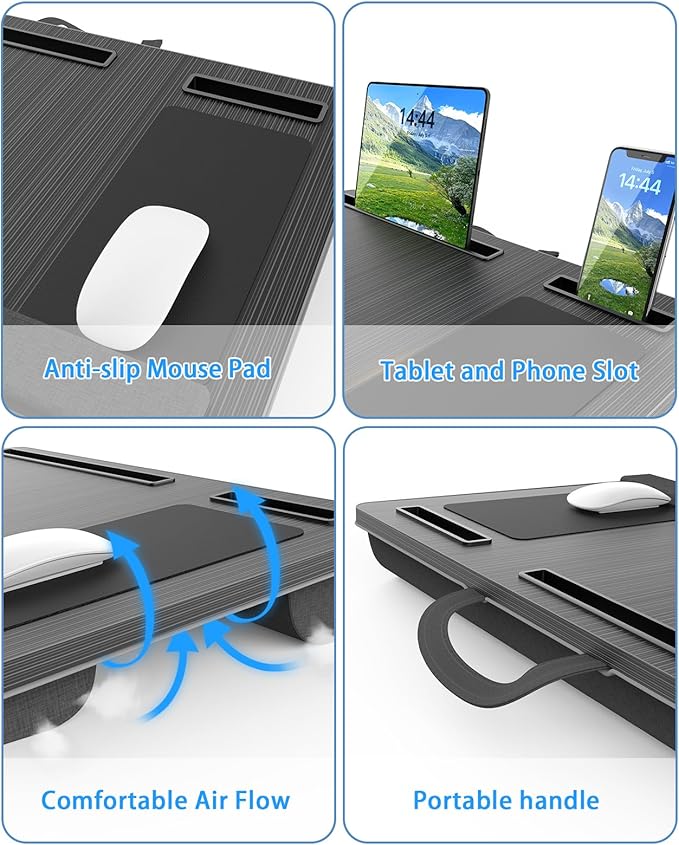 Laptop Lap Desk, Portable Large Laptop Desk for Bed, Up to 17 Inch Lap Pad Tray with Wrist Rest, Mouse Pad, Tablet Phone Slot, Portable Handle, Cushion (Black)