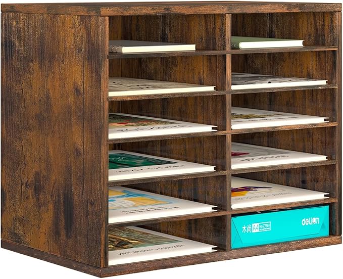 PAG Countertop Mail Sorter Organizer, Wooden Literature Organizer, Student Mailbox for Classroom, Desktop Bill Organizer for Office Home School, 12 Compartments, Antique Brown